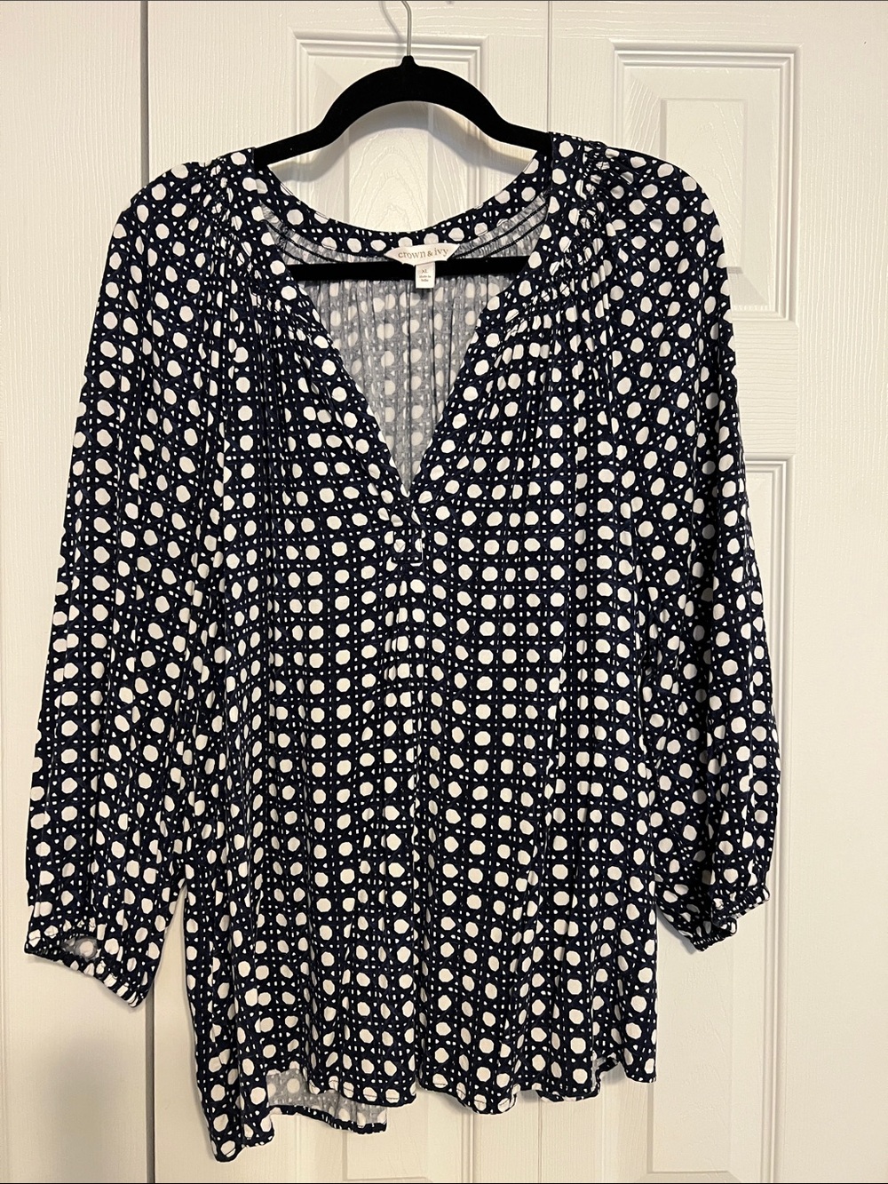 crown & ivy Navy and White Geometric V-Neck Blouse